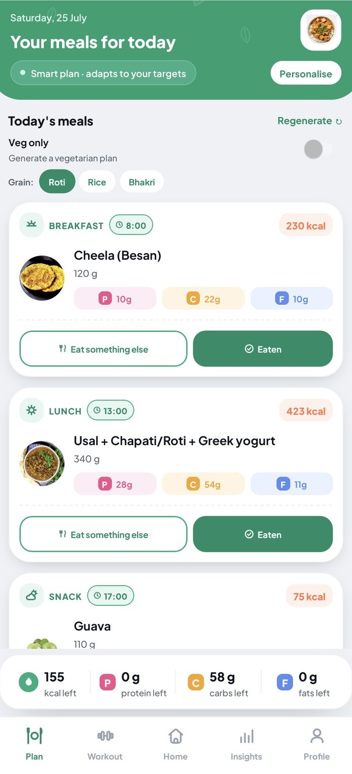 NutriLift meal plan screen: breakfast, lunch and snack for the day with calories and macros
