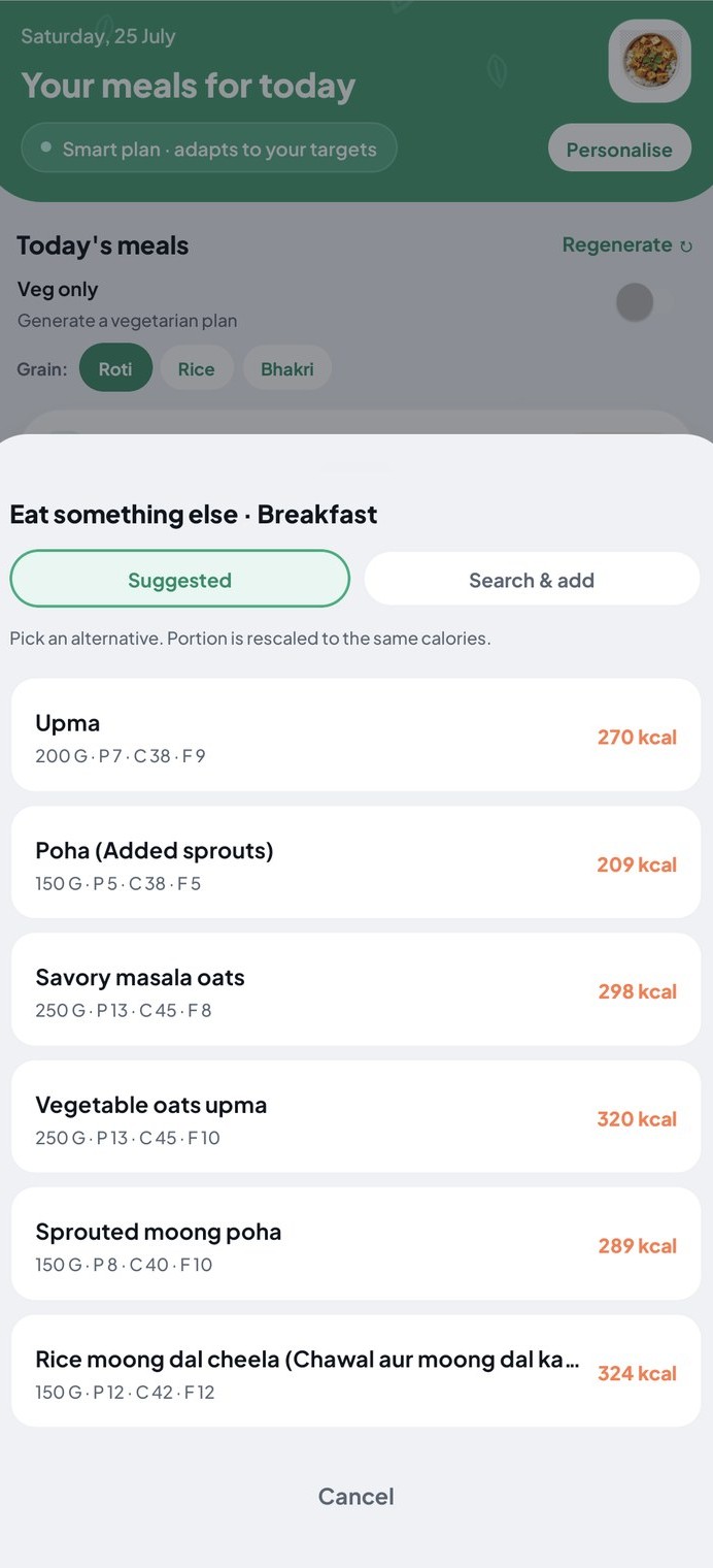 NutriLift swap screen: suggested breakfast alternatives at matching calories