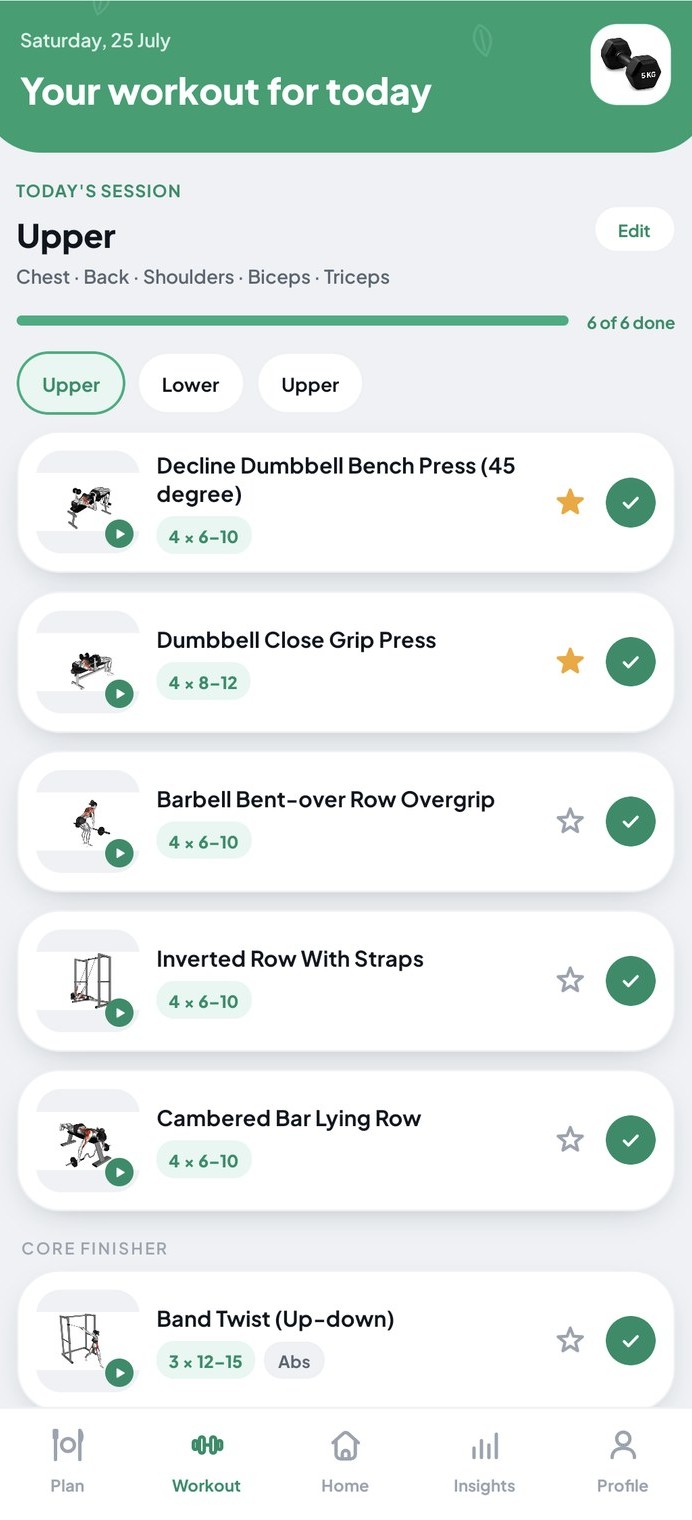 NutriLift workout screen: today's upper-body session with a video for each exercise